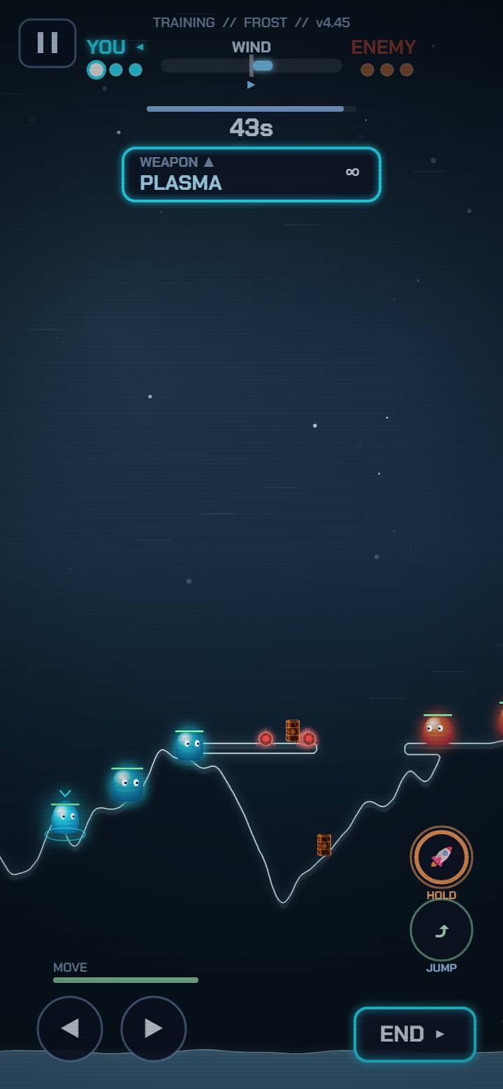A battle: teal VOX slimes on the left, orange PYRE slimes on the right, the wind meter and the weapon panel at the top